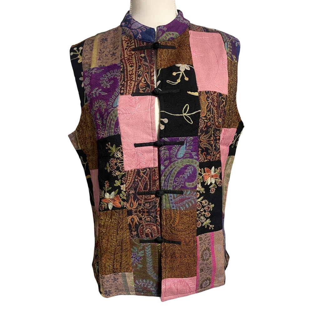 Vintage 90s Coldwater Creek Bohemian Tapestry Patchwork Wool Vest Women's Medium
